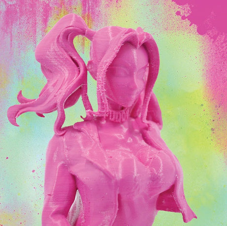 我們3D列印了一個新的玩具公仔-小丑女，使用超級少女的粉紅色PLA線材搭配水溶性PVA線材，來呈現更完整的模型細節。